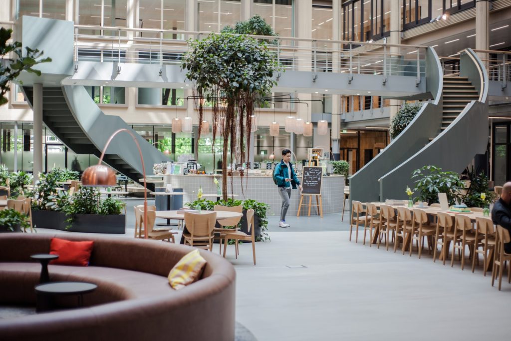 Das Atrium von Stadium mit seinen Pflanzen und bequemen Sitzgelegenheiten, ohne dabei die professionelle Atmosphäre und das biophile Design aufzugeben