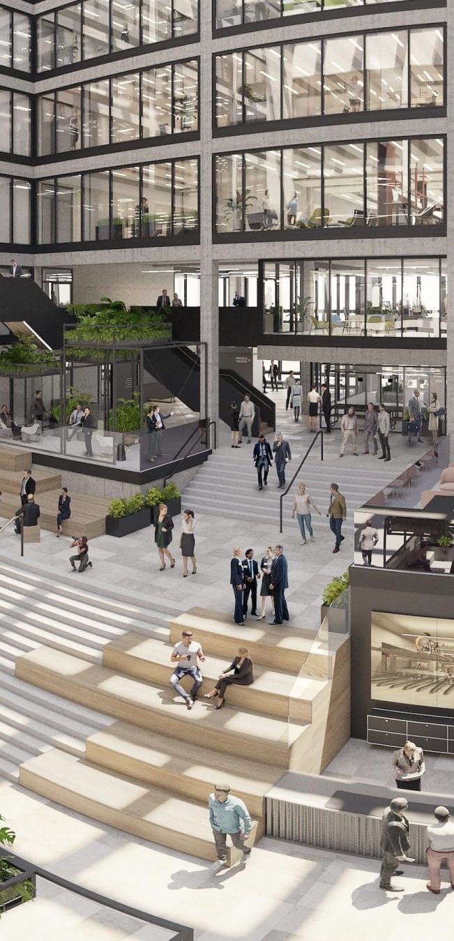 Eine architektonische Darstellung eines modernen, mehrstöckigen Bürogebäudes mit einem Atrium mit speziellen Arbeitsbereichen. Das Bild zeigt Menschen, die umhergehen, auf Stufen sitzen, sich unterhalten und über geräumige, gut beleuchtete Flächen gehen. Ein Bild von EDGE Workspaces.