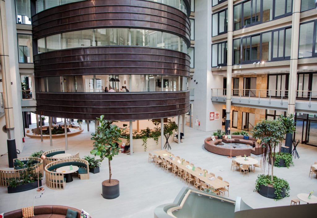 Gemütlich und professionell zugleich in unserem biophilen Atrium, das die Konzentration und das Networking fördert