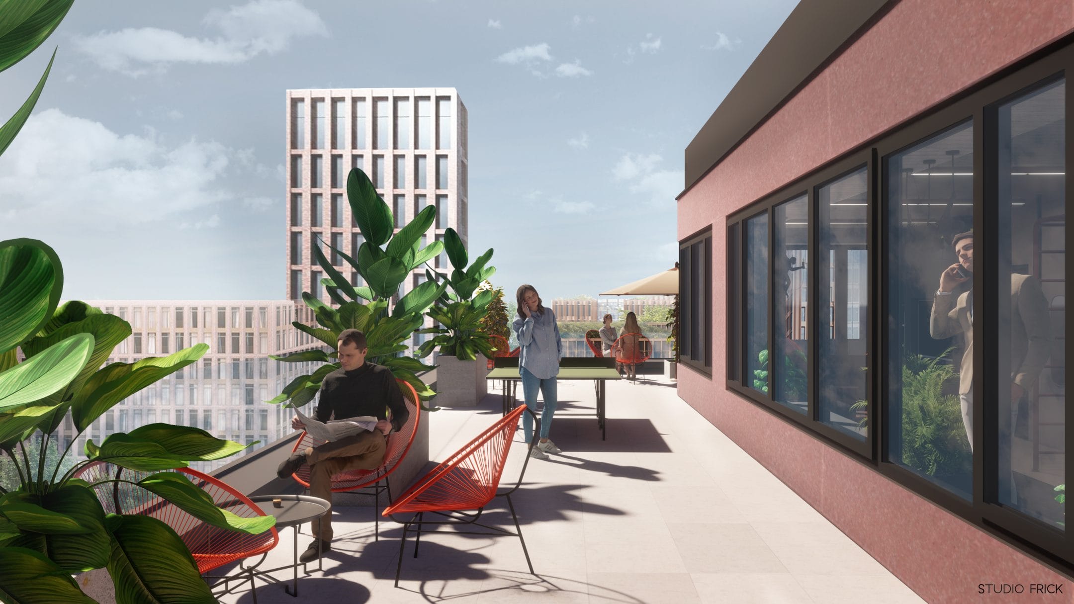 Eine digitale Darstellung einer modernen Büroterrasse mit üppigen Grünpflanzen. Drei Personen sind abgebildet: eine liest in einer Hängematte, eine andere arbeitet an einem Laptop an einem Tisch und eine dritte telefoniert an einem Ein Bild von EDGE Workspaces.