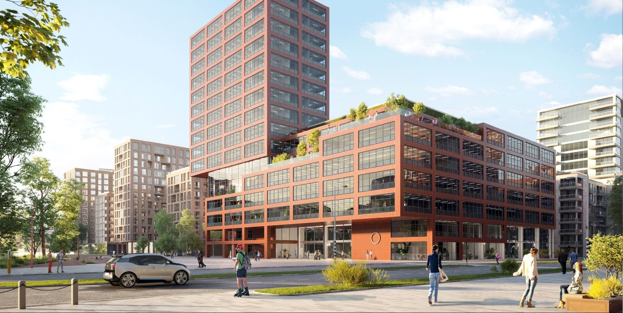 An architectural rendering of a modern urban development showing a tall red-brick coworking building with a terrace garden, surrounded by other high-rise buildings, people walking, and vehicles on a sunny day. An image from EDGE Workspaces.
