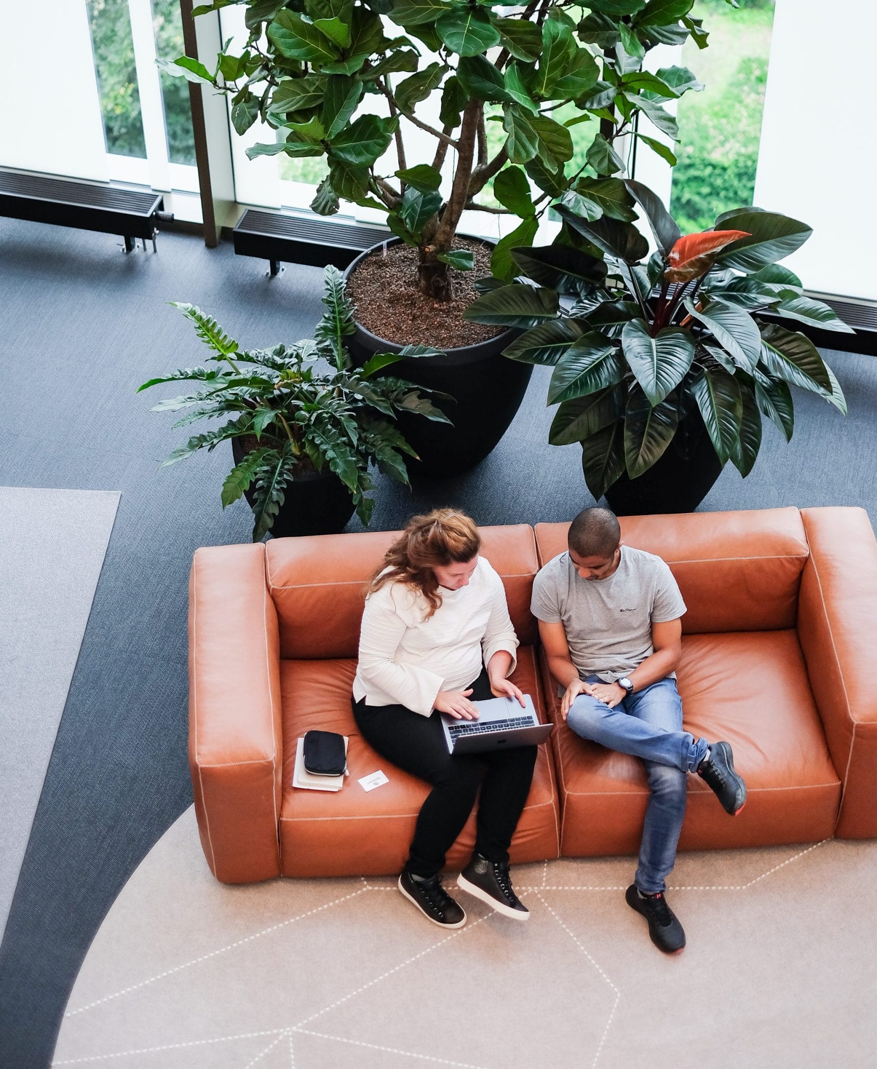 Two colleagues, a woman and a man, sit on an orange couch in an innovative coworking environment, discussing over a laptop. The setting includes indoor plants and expansive windows. The woman is pointing at An image from EDGE Workspaces.