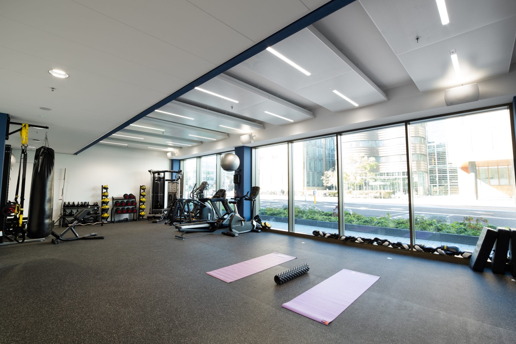 A spacious, well-lit gym with large windows overlooking city buildings. It features exercise mats, dumbbells, a rowing machine, and an elliptical, arranged neatly on a grey carpeted An image from EDGE Workspaces.