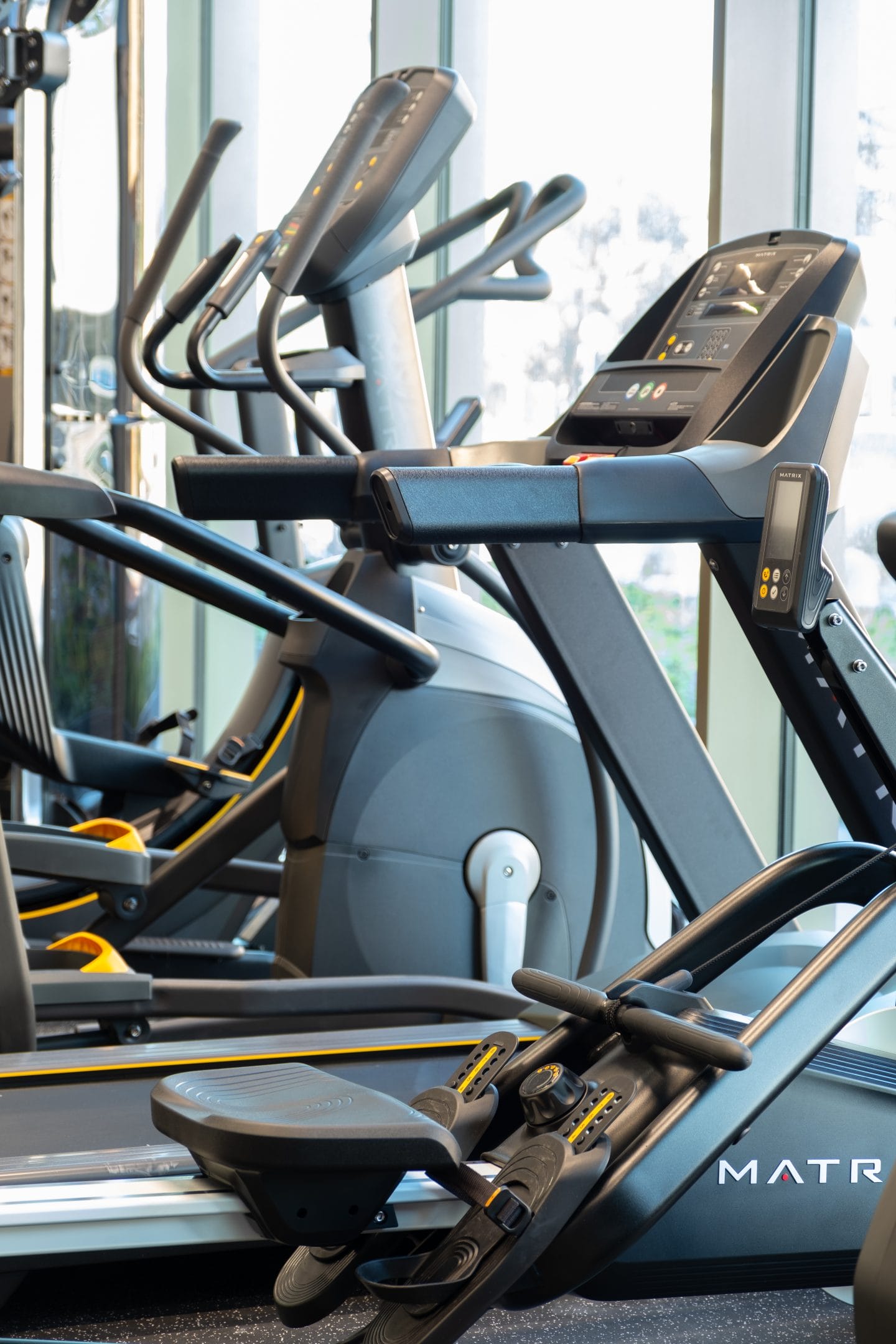 A modern gym with advanced elliptical machines equipped with digital displays. The foreground shows a line of ellipticals, emphasizing the high-tech features and sturdy design. Natural light comes through large windows in the background An image from EDGE Workspaces.