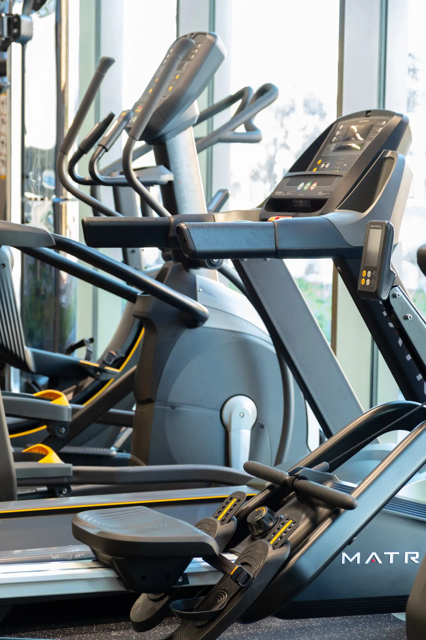 A modern gym with advanced elliptical machines equipped with digital displays. The foreground shows a line of ellipticals, emphasizing the high-tech features and sturdy design. Natural light comes through large windows in the background An image from EDGE Workspaces.