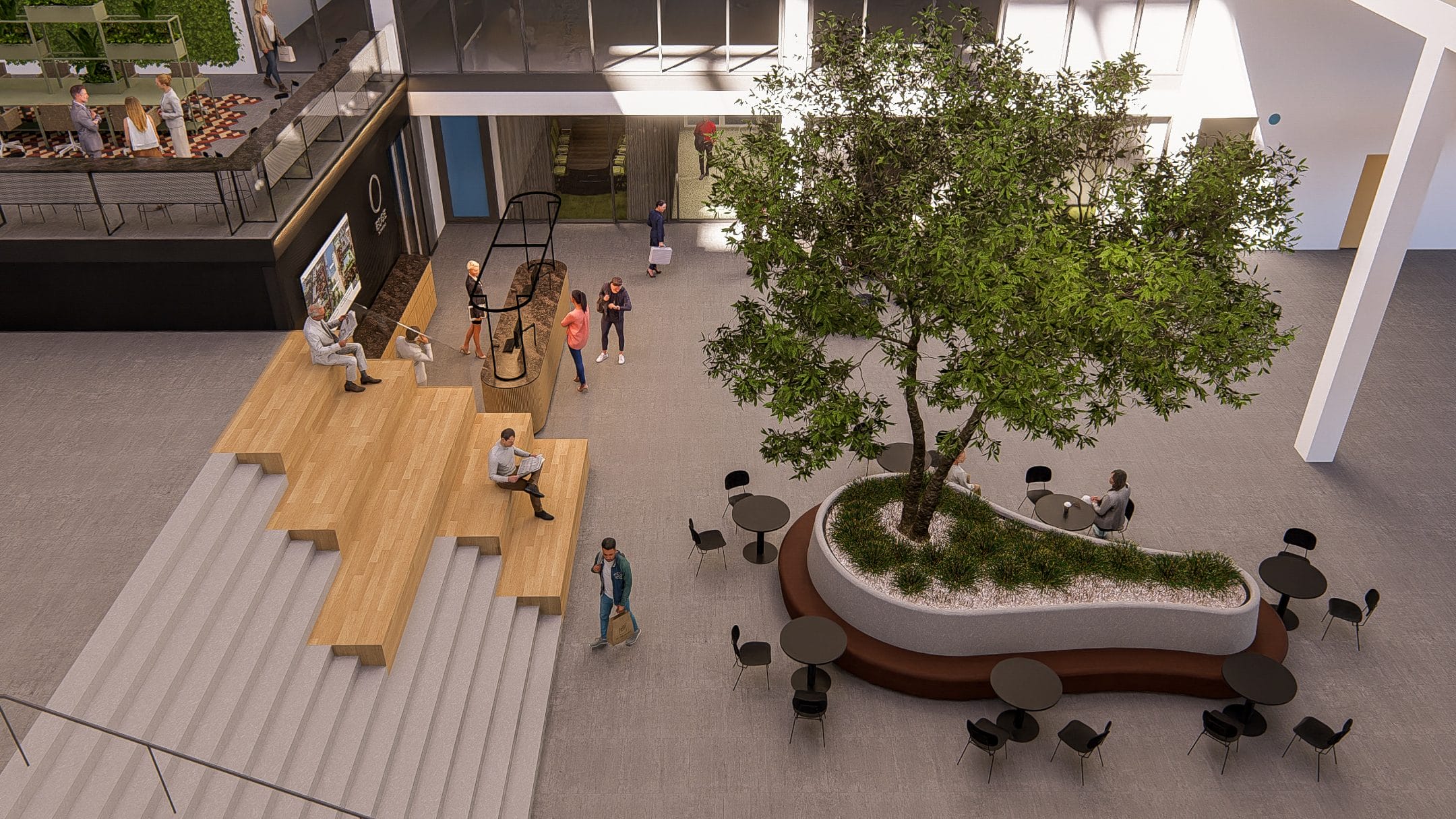 Eine Luftaufnahme eines modernen Indoor-Atriums mit einem zentralen Baum in einem kreisförmigen Pflanzgefäß mit integrierten Sitzgelegenheiten. Menschen gehen und sitzen in der Umgebung, die durch minimalistische Möbel und große, helle Ein Bild von EDGE Workspaces hervorgehoben wird.