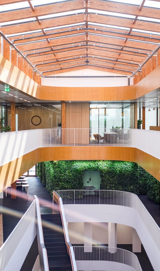 Eine Innenansicht eines modernen Atriums in einem Bürogebäude mit oberen Ebenen, die mit warmen Holzpaneelen und einem Glasdach ausgekleidet sind, das innovative Coworking-Umgebungen beherbergen soll. Zu den architektonischen Details gehören kaskadenartige Pflanzen Ein Bild von EDGE Workspaces.