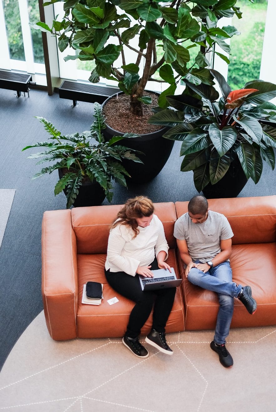 Two individuals, a man and a woman, sit on an orange sofa in an innovative coworking environment, working on a laptop together. A large potted plant is beside them, enhancing the green, An image from EDGE Workspaces.